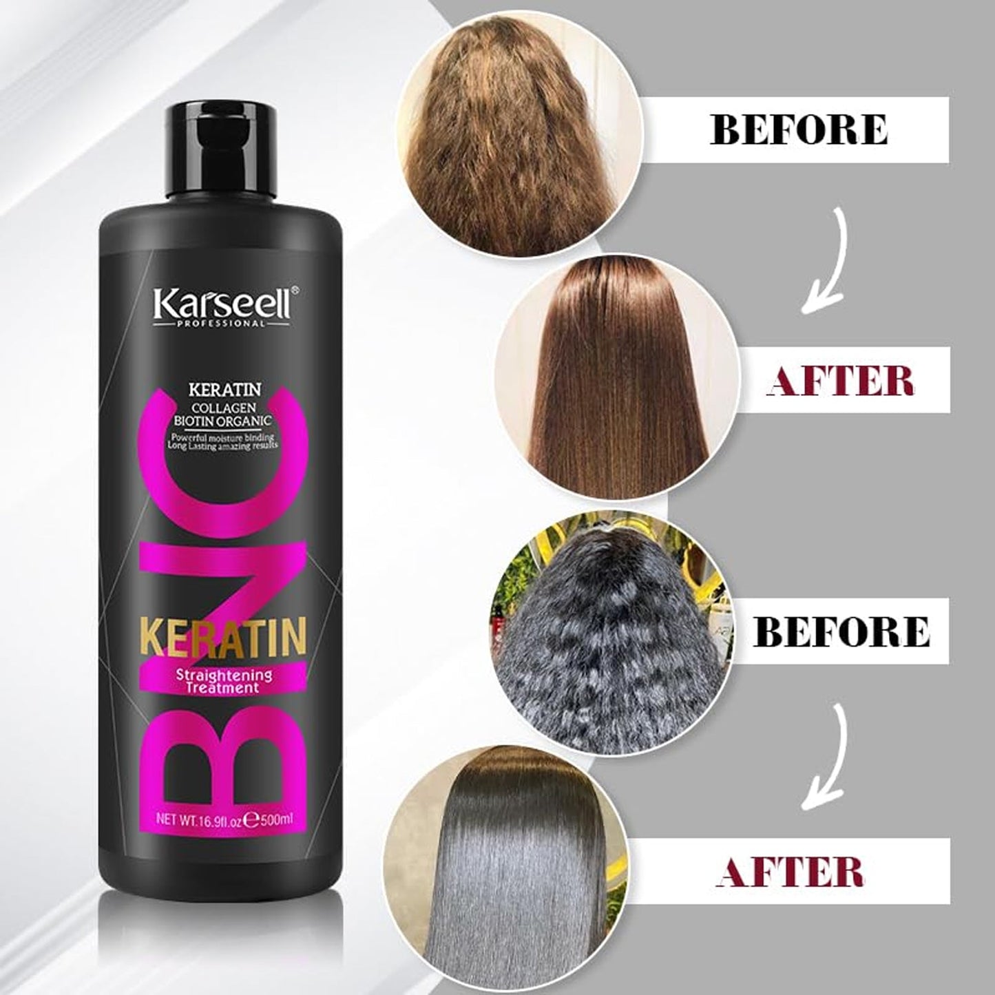 Special Offer Bundle Karseell Keratin Straightening Treatment with Organic Biotin Shampoo, Collagen Detangle Conditioner, Relax and Repair Dry Damaged Hair, BNC Professional Results - 500 ml